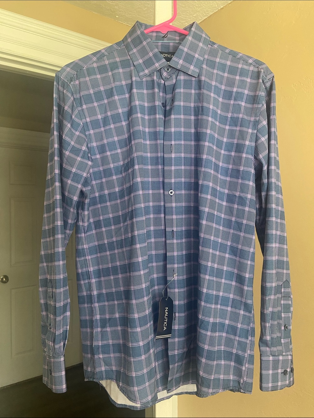 Nautica Men's Blue and Purple Plaid Long-Sleeve Button-Down Shirt